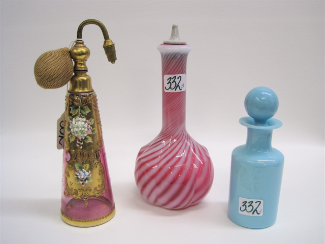 Appraisal: TWO GLASS PERFUME AND ONE BARBER BOTTLE pieces The pink