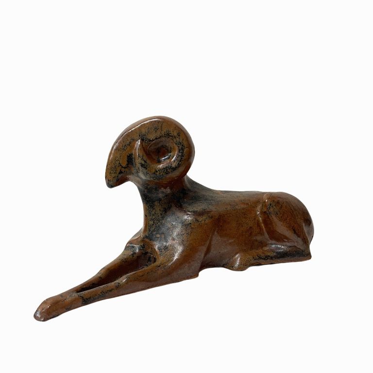 Appraisal: Ceramic Bronze Ram Sculpture by Loet Vanderveen Ceramic Ram Sculpture