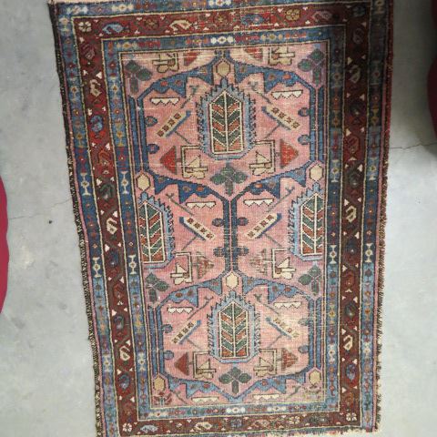 Appraisal: Semi-Antique Persian Handmade Mat geometrics on salmon field ' x