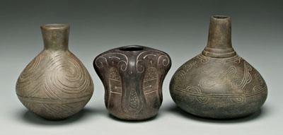 Appraisal: Three pieces Caddo style pottery incised earthenware vessels possibly Caddo