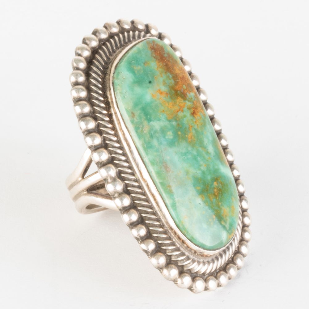 Appraisal: Large Navajo Silver and Turquoise Ring Signed 'Mamnez' and marked