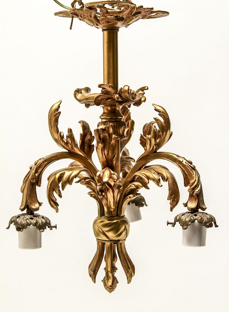 Appraisal: Baroque Manner Three Light Brass Chandelier Baroque manner three-light leaf