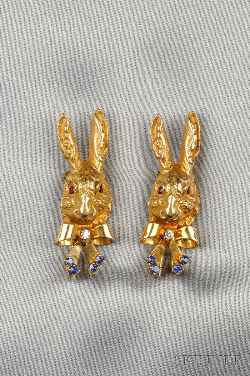 Appraisal: Pair of Retro kt Gold Sapphire and Diamond Rabbit Brooches