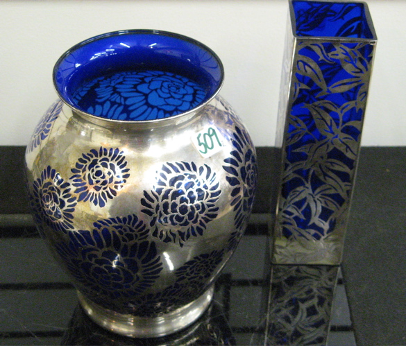 Appraisal: TWO SILVER OVERLAY COBALT BLUE GLASS VASES One in a