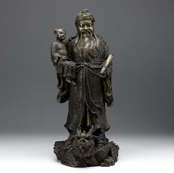 Appraisal: Asian bronze sculpture th C Depicts a bearded scholar holding