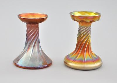 Appraisal: A Pair of Tiffany Favrile Glass Candlesticks Both favrile glass