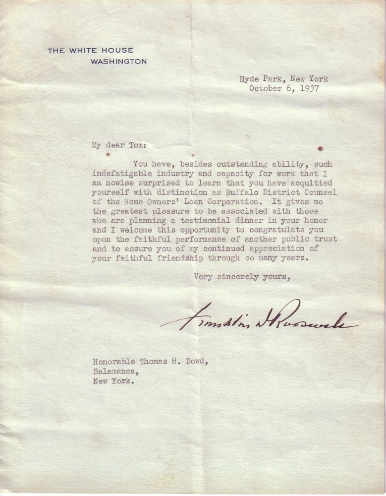 Appraisal: ROOSEVELT FRANKLIN D Typed Letter Signed as President to m