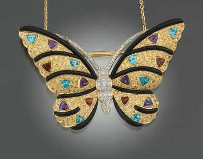 Appraisal: A Ladies' Sapphire Diamond and Gemstone Butterfly Pendant Brooch by