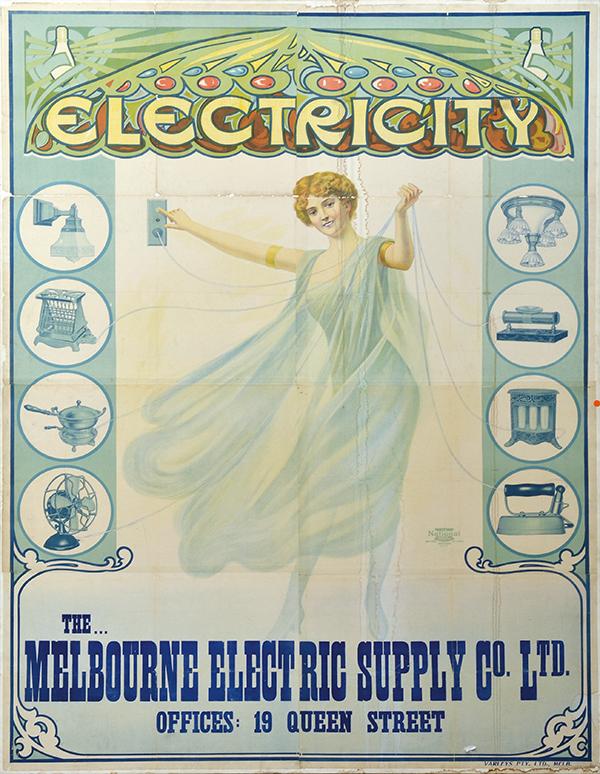 Appraisal: IMPRESSIVE ART NOUVEAU ELECTRICITY ADVERTISING POSTER MOUNTED ON CANVAS SOME