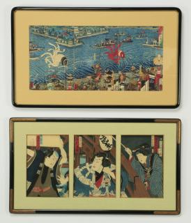 Appraisal: Japanese woodblock triptyches framed w Two Japanese colored woodblock triptychs