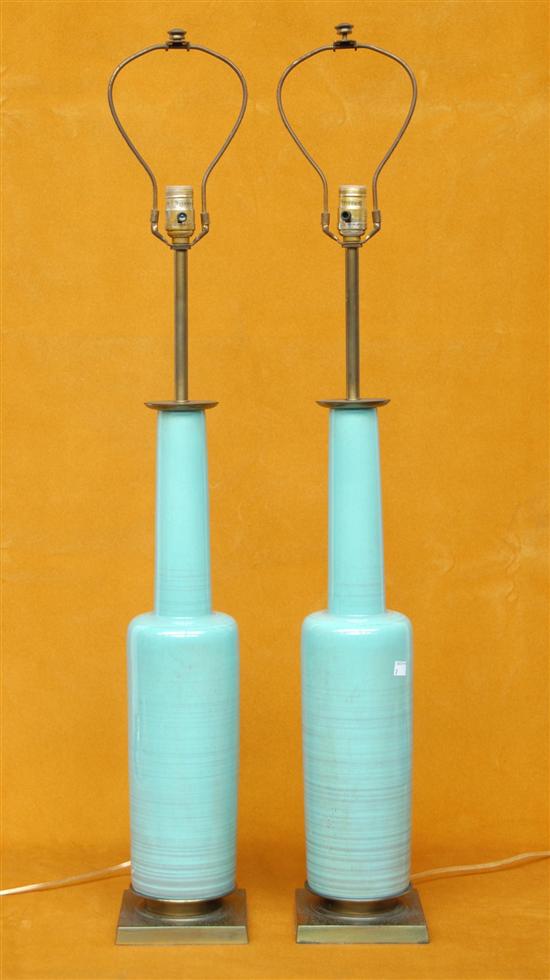 Appraisal: PAIR MODERN POTTERY LAMPS Blue pottery btall vases H