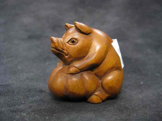 Appraisal: Carved Boxwood Netsuke of a Pigwith pumpkin signed '' excellent