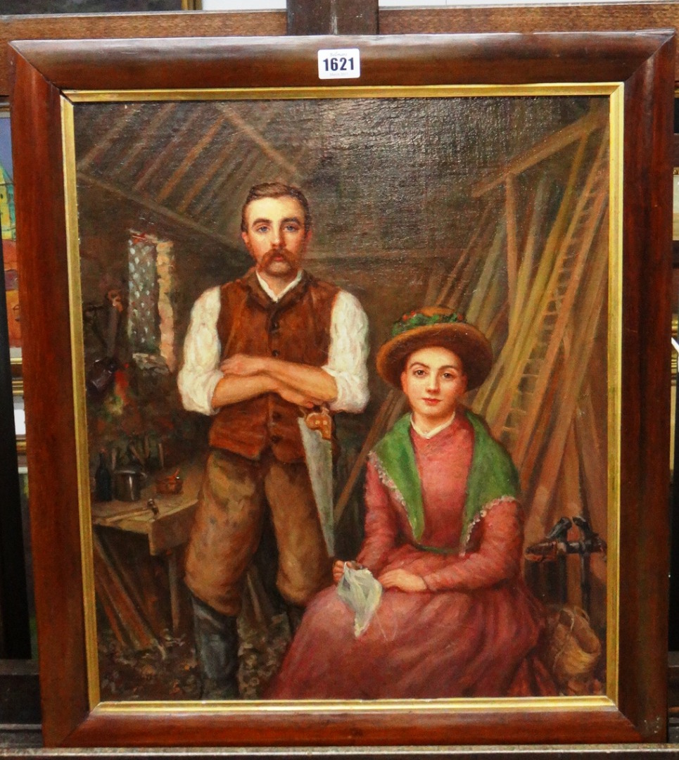 Appraisal: W Dawkins th century Young couple in a workshop interior