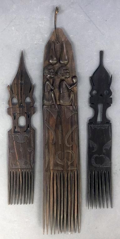 Appraisal: Three West African Decorative Wood Carved Combs Three West African