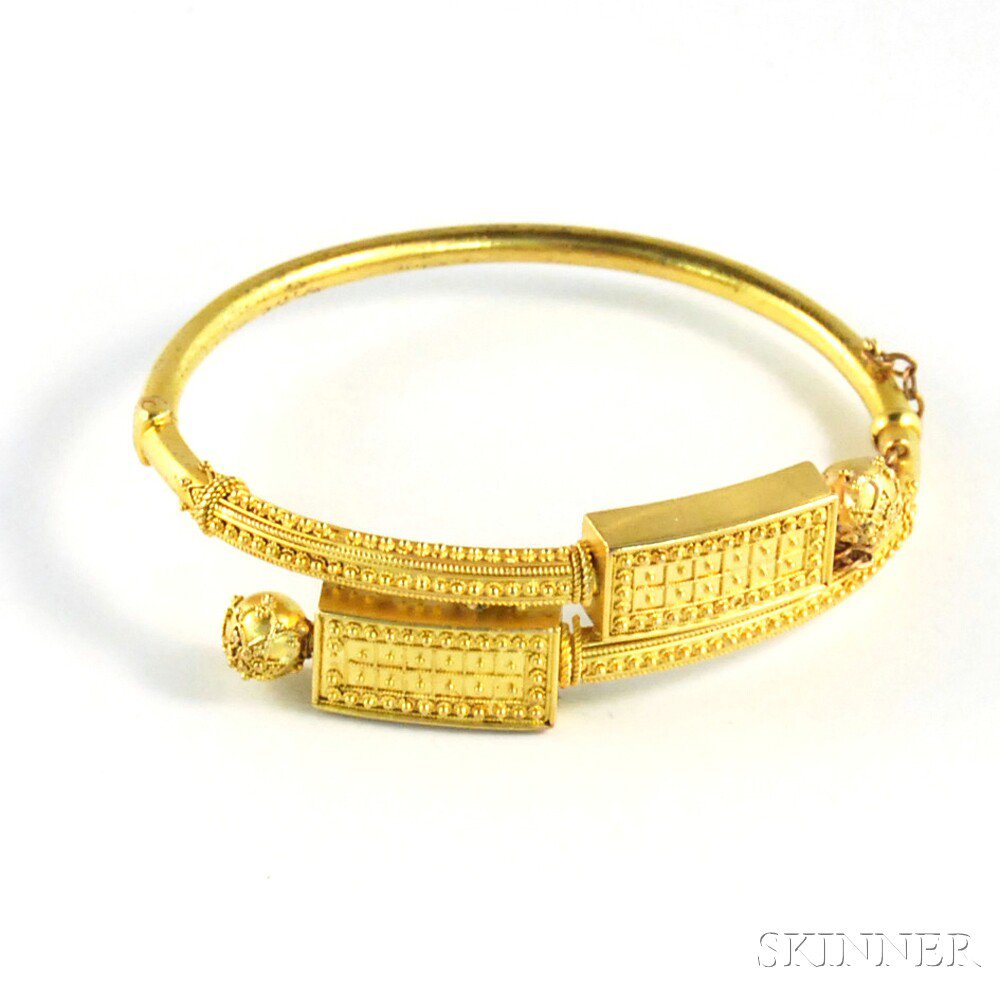 Appraisal: Etruscan-style Granulated kt Gold Bypass Bangle formed as two overlapping