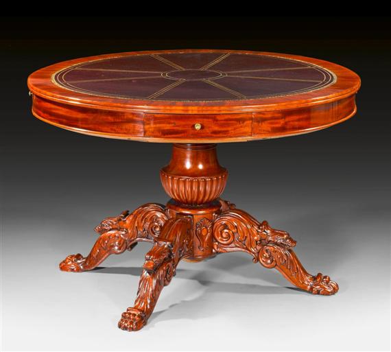 Appraisal: ROUND LIBRARY TABLE Restauration France circa Shaped mahogany Top lined