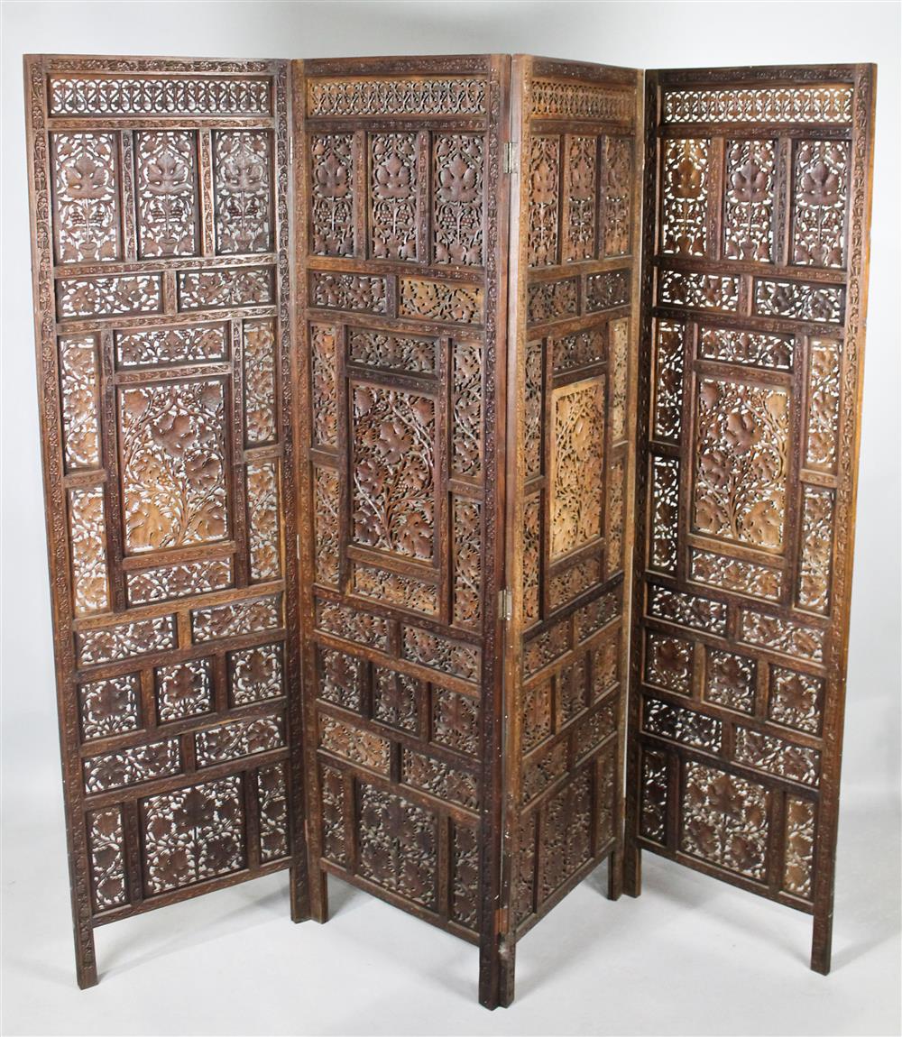 Appraisal: CHINESE CARVED FOUR-PANEL FLOOR SCREEN each section with pierce multi