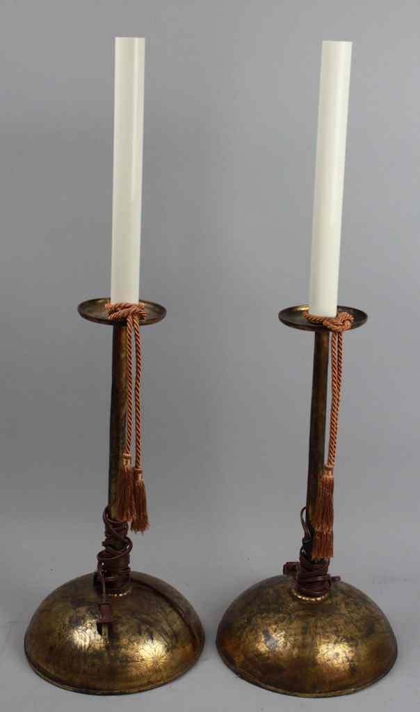 Appraisal: PAIR OF JAPANESE INCISED BRASS CANDLESTICKS each slim column rising