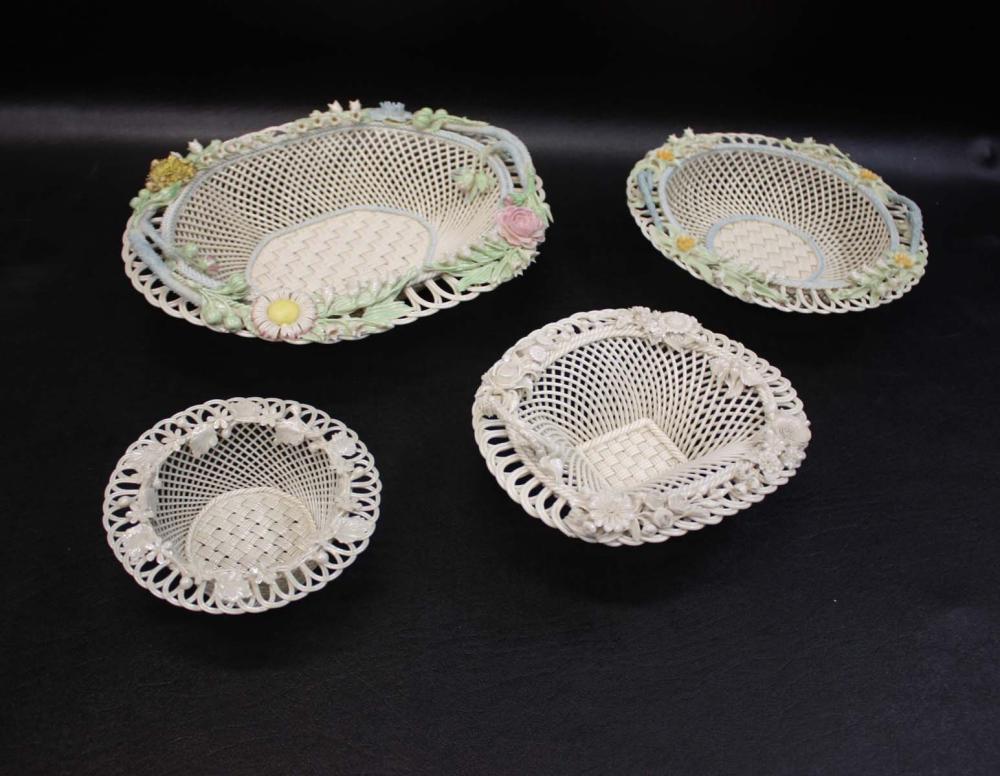 Appraisal: FOUR BELLEEK PARIAN PORCELAIN BASKETS comprised of First Period three-strand