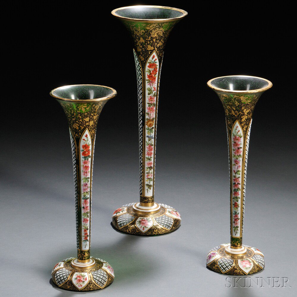 Appraisal: Three Bohemian Overlay Glass Trumpet Vases th century each white