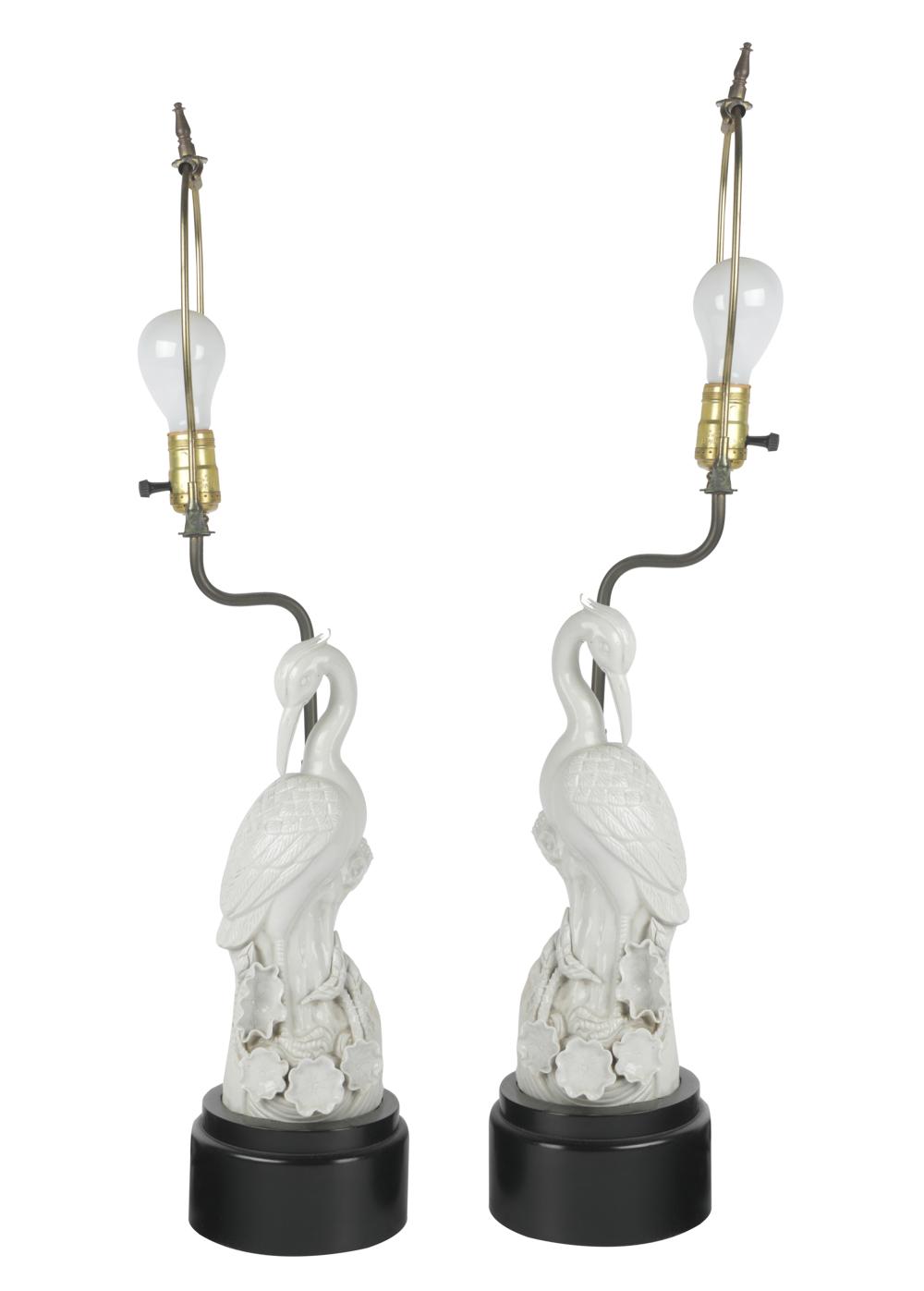 Appraisal: PAIR OF CHINESE PORCELAIN CRANESeach fitted as a lamp on