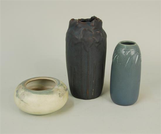 Appraisal: THREE PIECES OF ROOKWOOD POTTERY including a carved blue purple