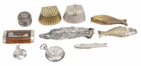 Appraisal: A collection of angling related objects comprising a brass sewing