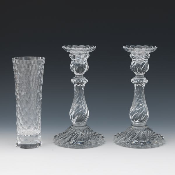 Appraisal: PAIR OF BACCARAT CRYSTAL CANDLESTICKS AND TIFFANY CO CRYSTAL VASE