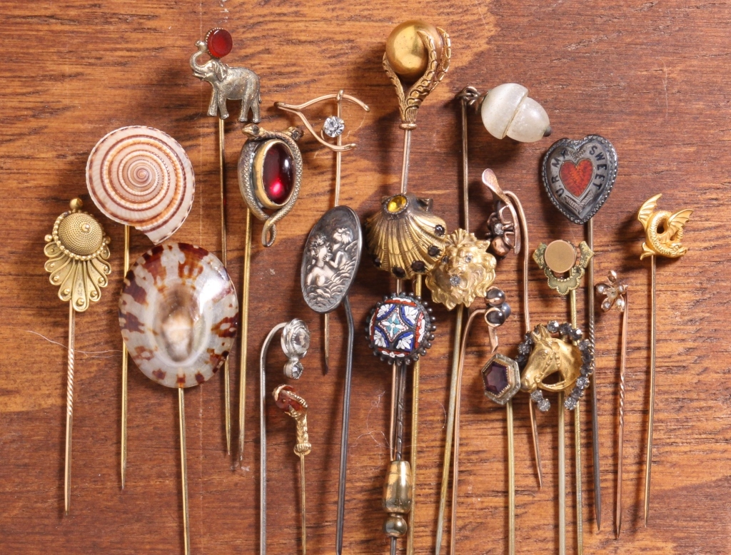 Appraisal: TWENTY-TWO ANTIQUE STICK PINS th century Nice assortment of stick