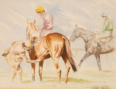 Appraisal: Phillip Sanders born Adjustments horse racing scene signed watercolour cm