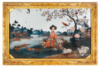 Appraisal: A Chinese Export Reverse Painted Glass Mirror A Chinese Export