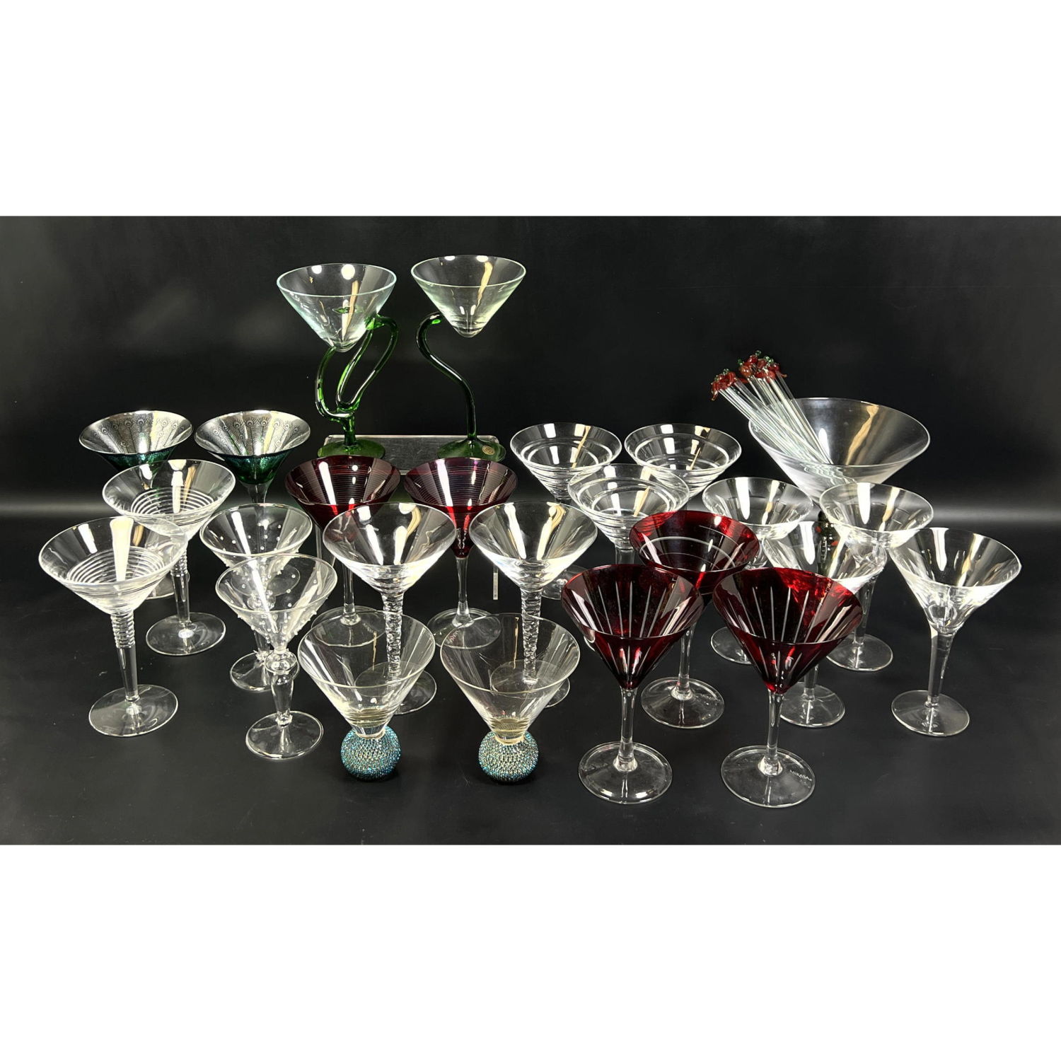 Appraisal: Stemware lot with martini glasses and chili pepper stirrers ---