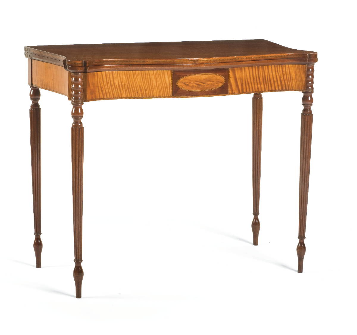 Appraisal: MASSACHUSETTS SHERATON INLAID MAHOGANY AND TIGER MAPLE CARD TABLE NORTH