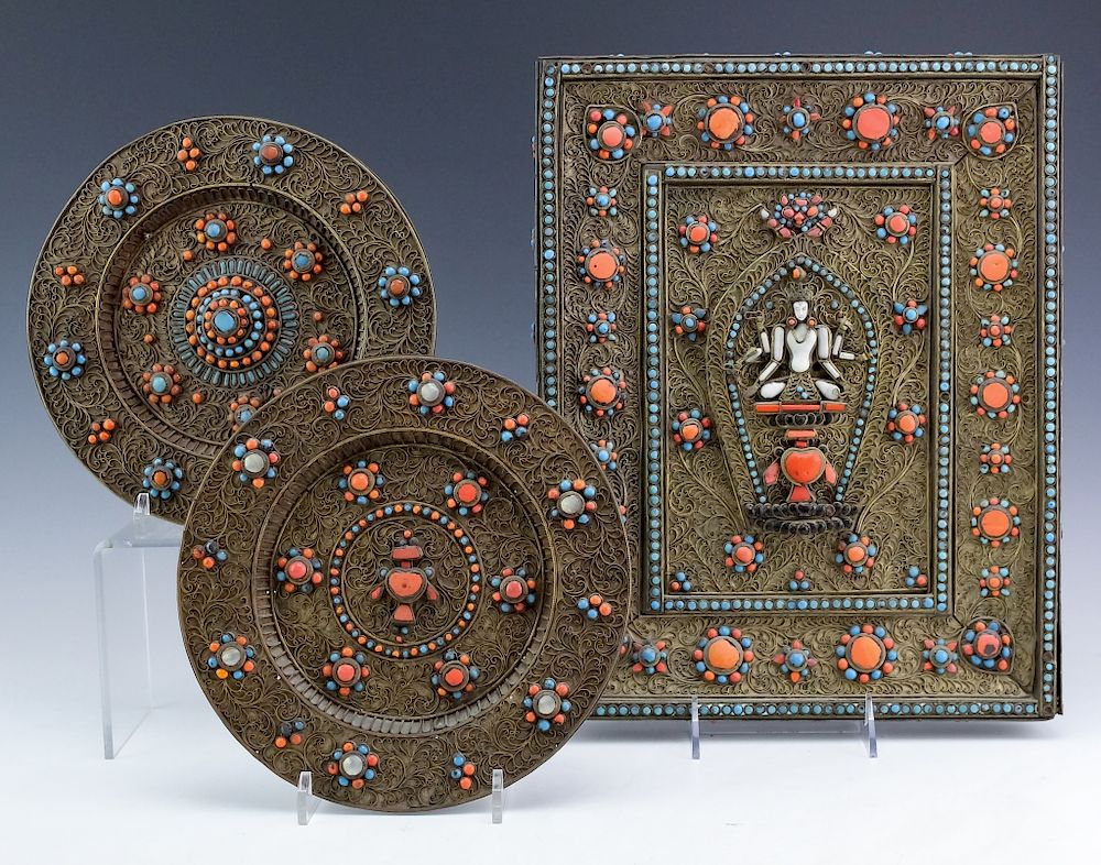 Appraisal: Nepalese Copper Filigree Vishnu Plaque Plates Collection of three Nepalese