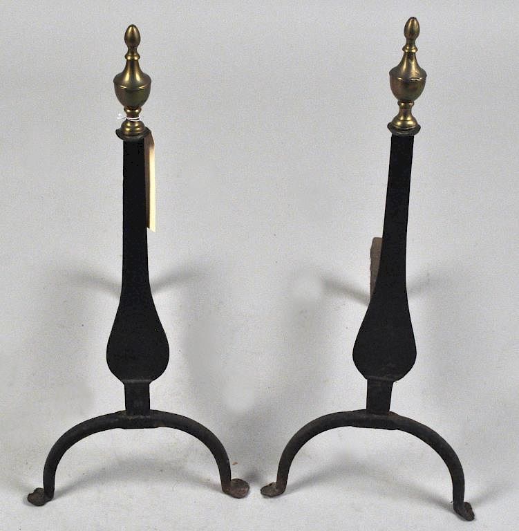 Appraisal: Pair Brass Iron Urn Top Knife Blade Andirons with use