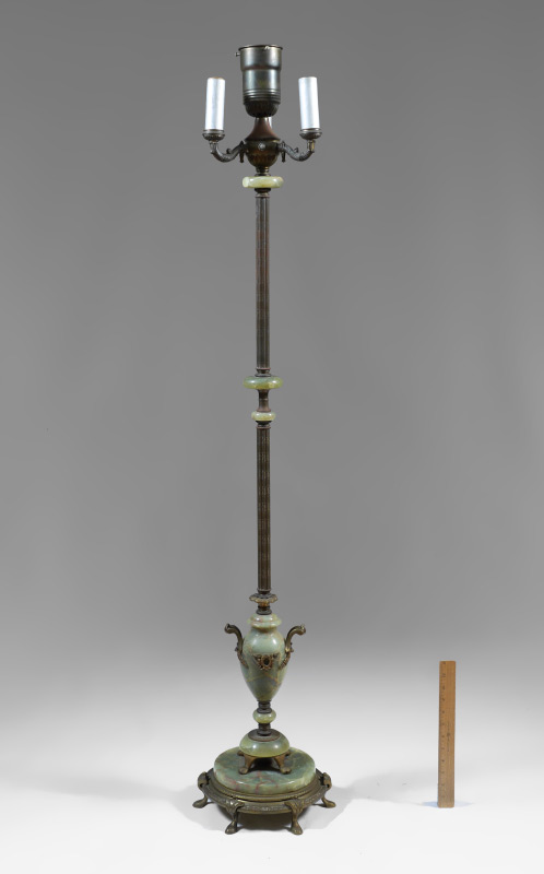 Appraisal: ONYX BRASS FLOOR LAMP Embossed brass shaft with green onyx