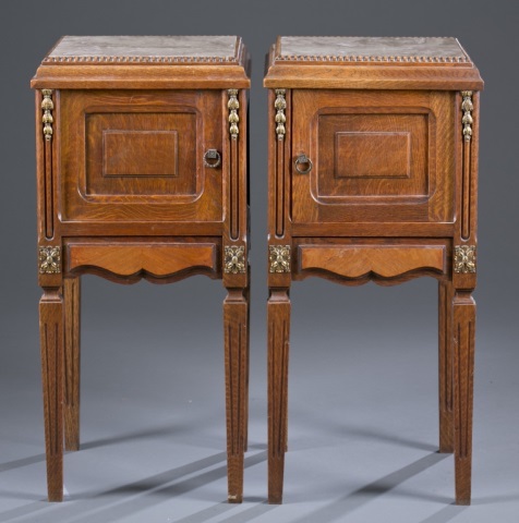 Appraisal: Pair of French Regency-Style Oak Nightstands Marble inset tops brass