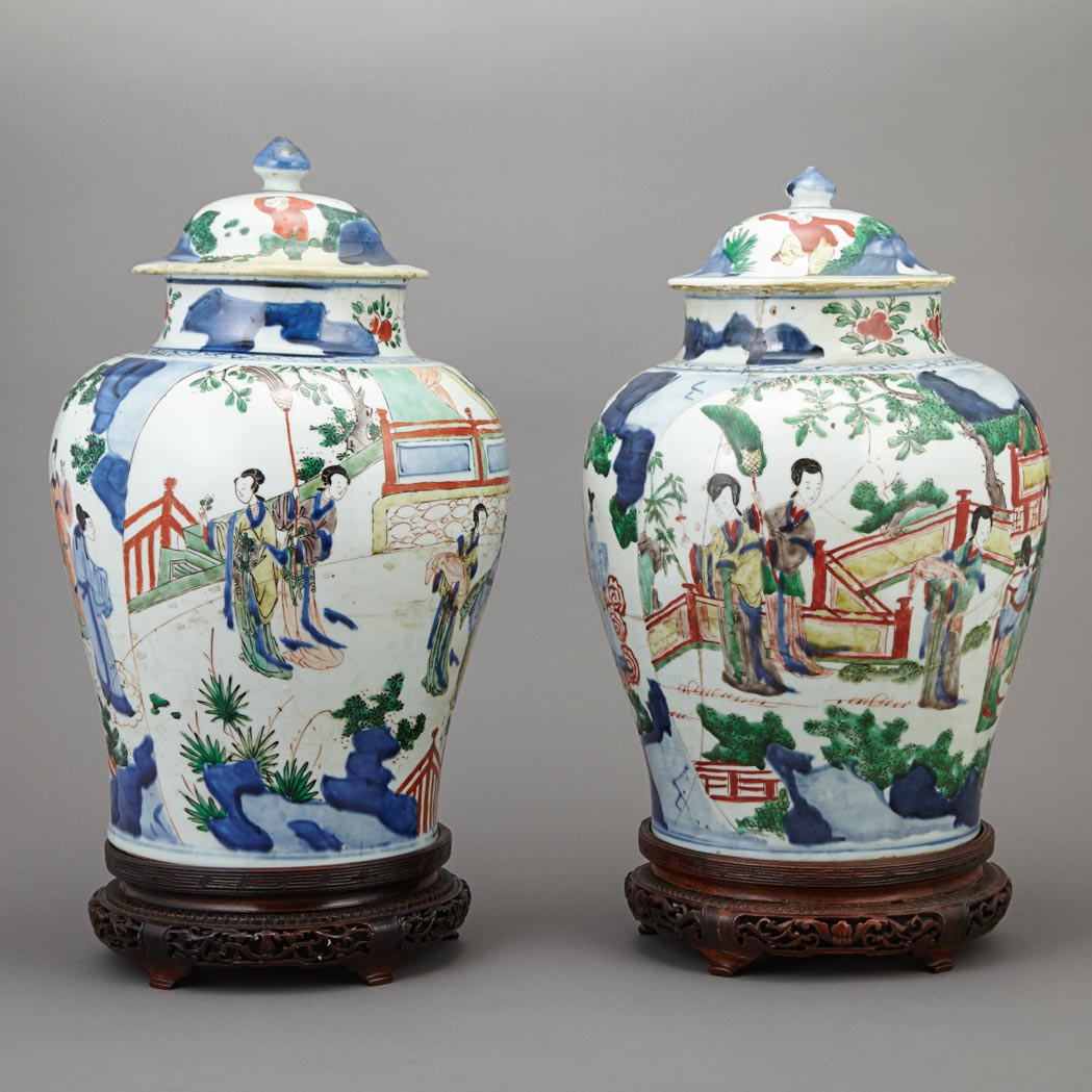 Appraisal: Assembled Pair of Wucai Glazed Porcelain Covered Ginger Jars th