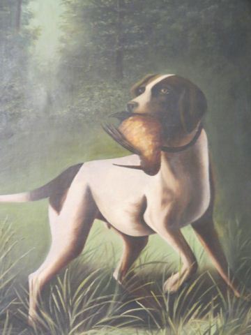 Appraisal: Antique Oil Painting of Hound Dogwith pheasant on canvas image