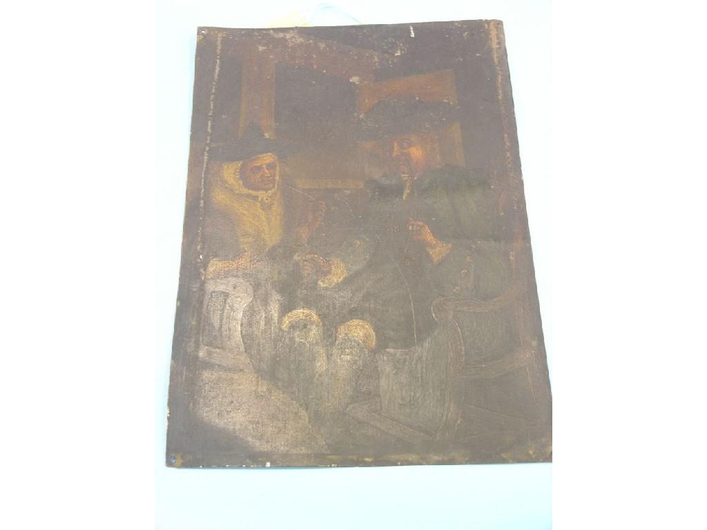 Appraisal: An th century primitive oil on tin panel tavern scene