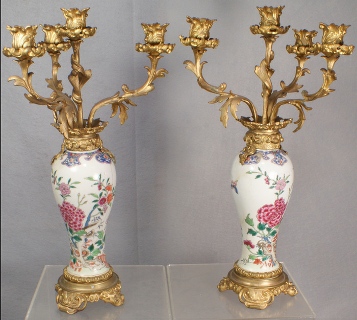 Appraisal: Chinese export porcelain pr of Famille Rose vases mounted as