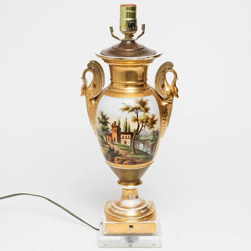 Appraisal: Old Paris Porcelain Urn Vase Lamp Hand-Painted Old Paris porcelain