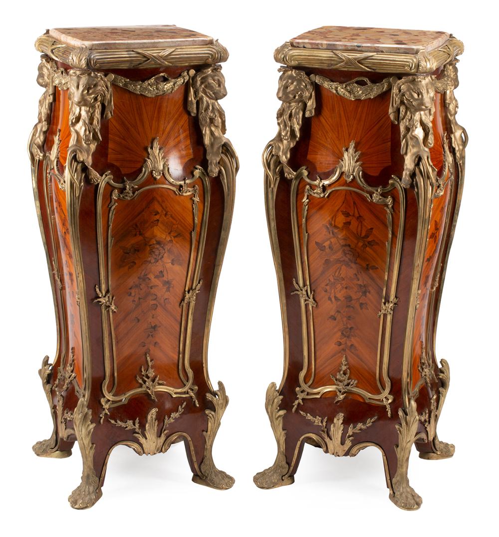 Appraisal: Pair of Louis XV-Style Bronze-Mounted Kingwood and Marquetry Bombe Pedestals