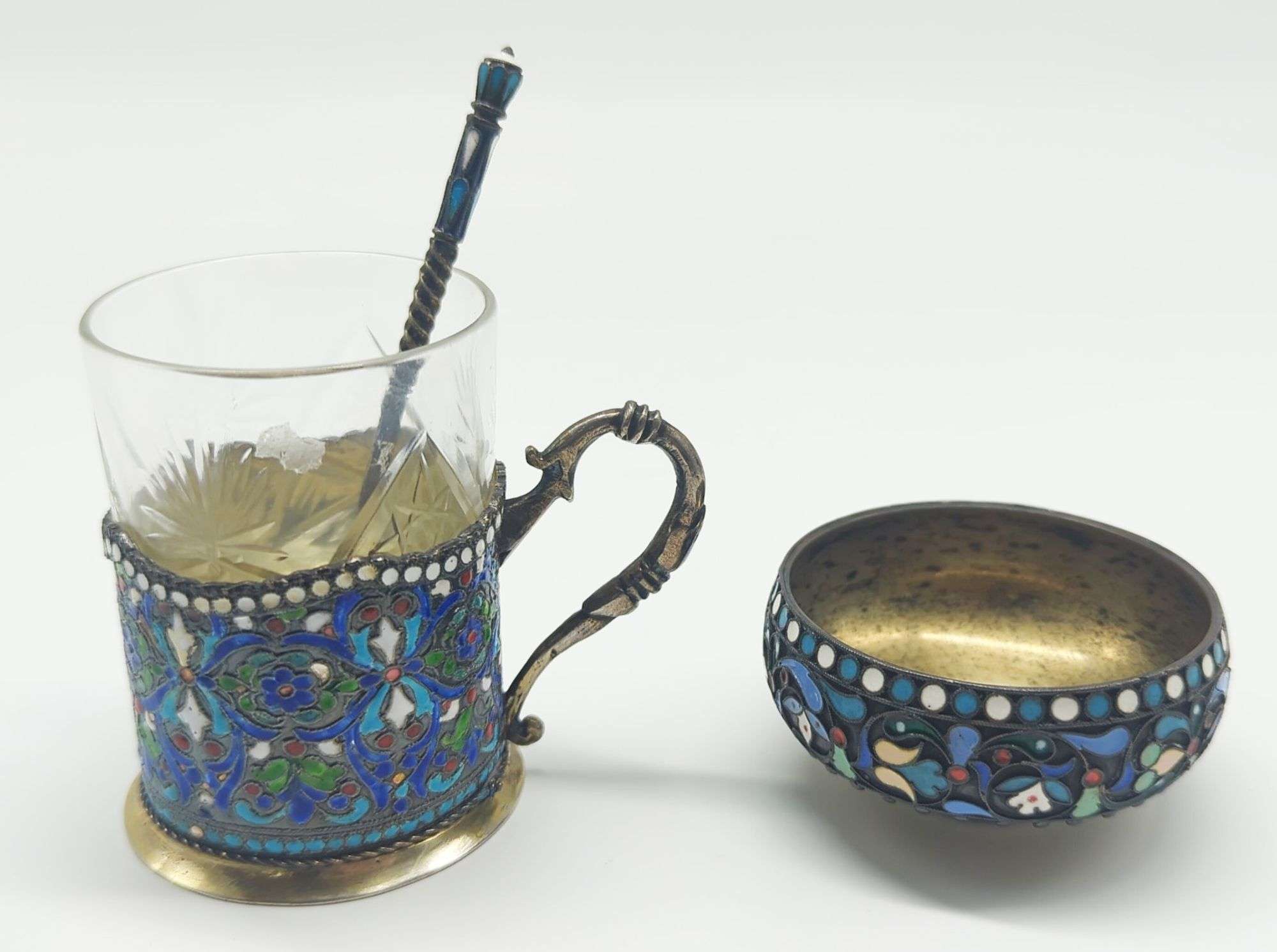 Appraisal: pieces of Russian enameled silverMarks to bowl spoon Tea glass