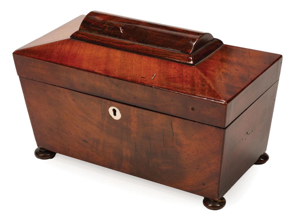 Appraisal: William IV Mahogany Tea Caddy interior with mixing bowl and