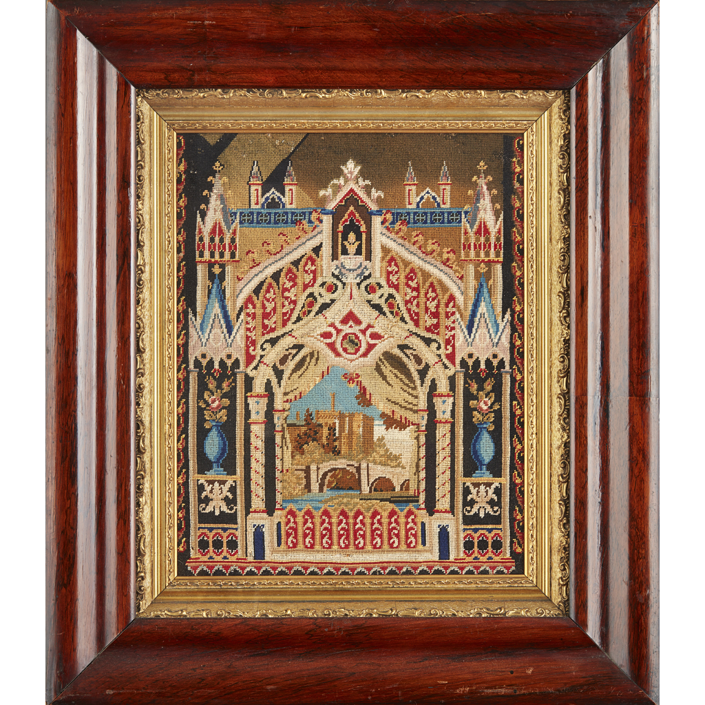 Appraisal: ENGLISH SCHOOL GOTHIC REVIVAL EMBROIDERED WOOLWORK PANEL CIRCA depicting a