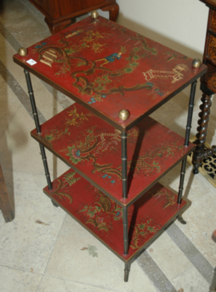 Appraisal: A PAIR OF CHINOISERIE STYLE RED LACQUERED AND CAST IRON