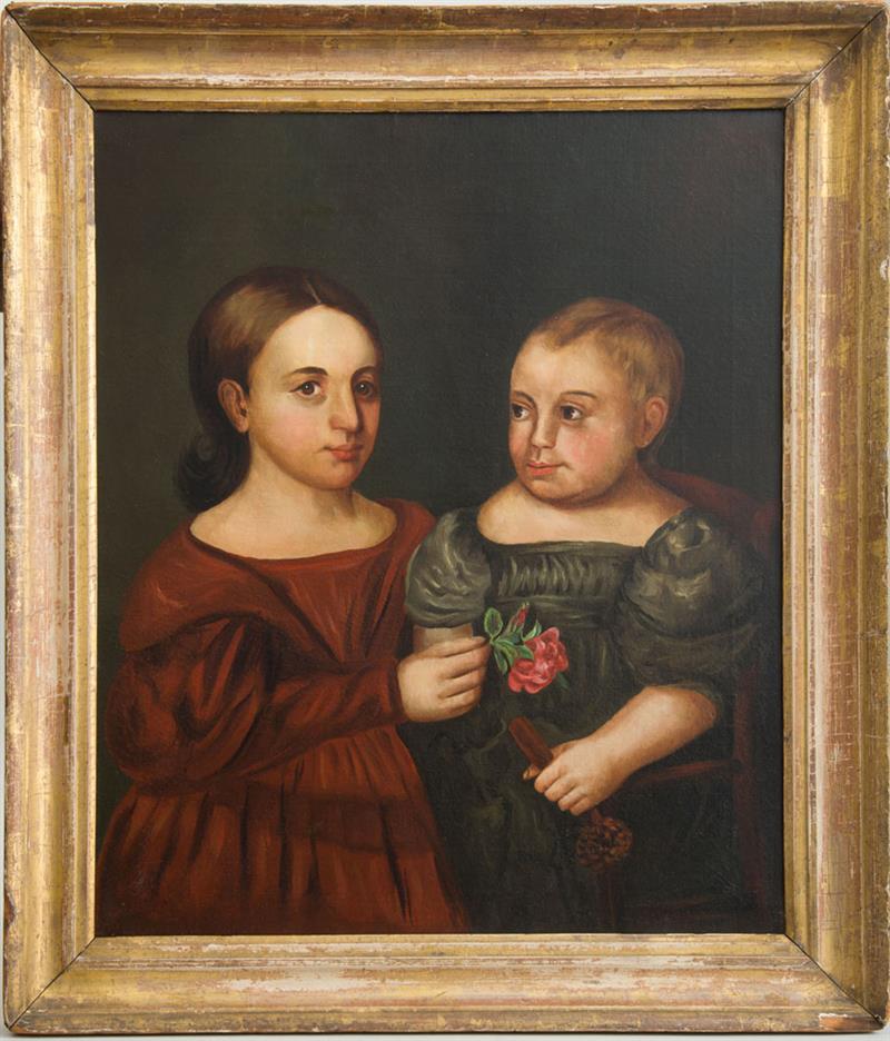 Appraisal: AMERICAN SCHOOL PORTRAIT OF A GIRL AND BOY Oil on