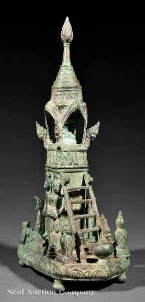 Appraisal: An Antique Southeast Asian Bronze Temple Form Two Part Reliquary