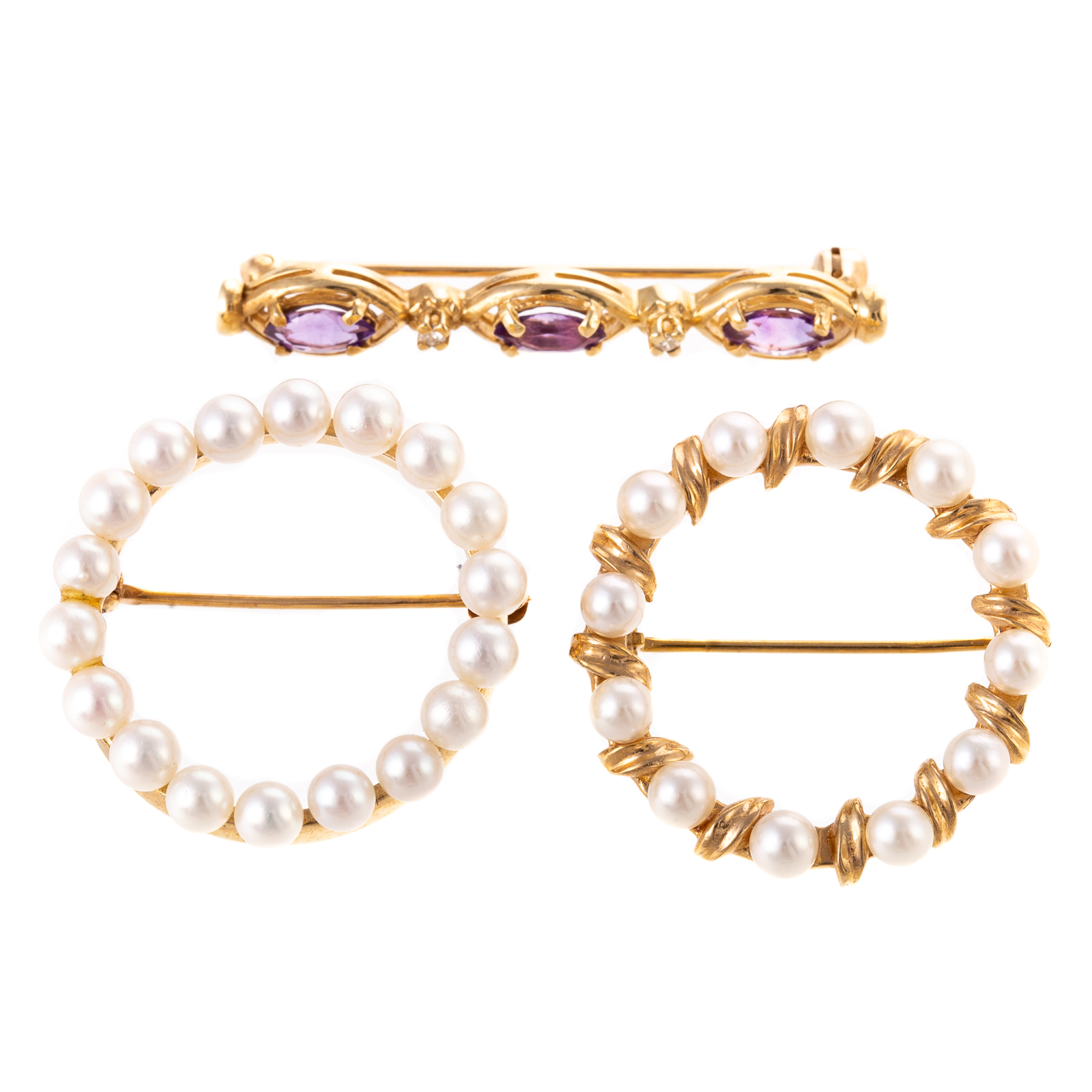 Appraisal: A COLLECTION OF PEARL AMETHYST PINS K yellow gold amethyst